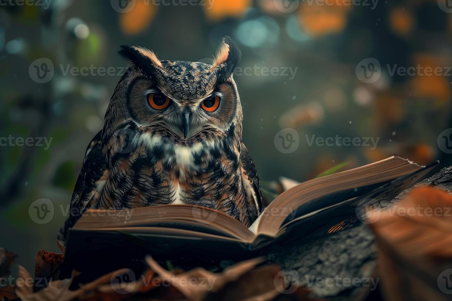 Wise owl reading a book in autumn forest photo