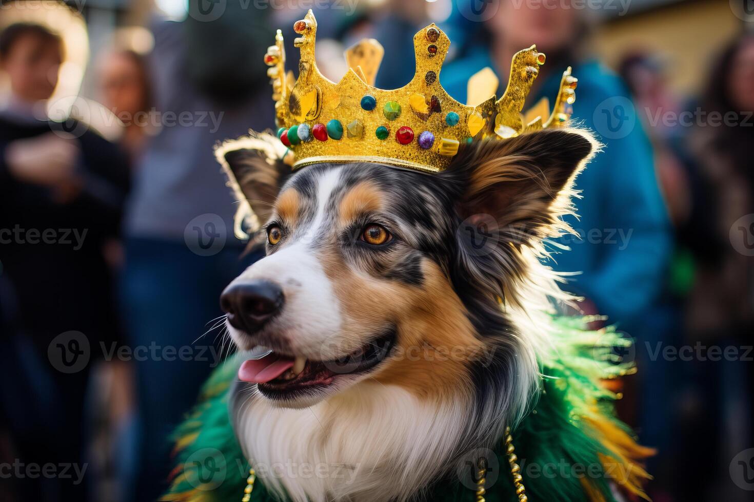 Australian shepherd dog wearing a golden crown during mardi gras parade photo