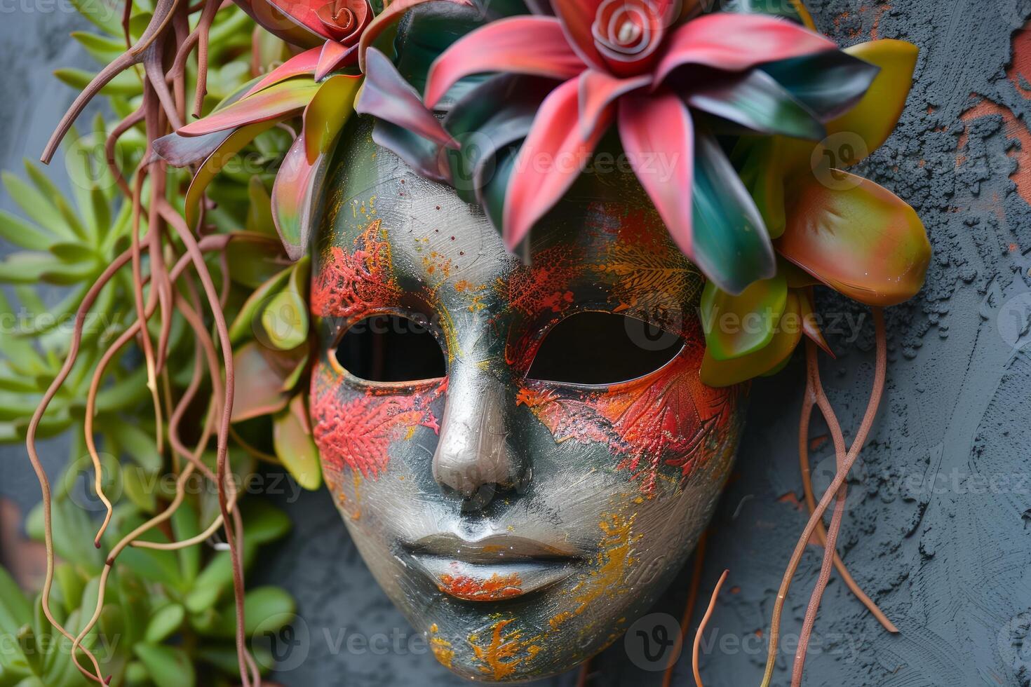 Venetian mask decorated with colorful succulents and air plants photo