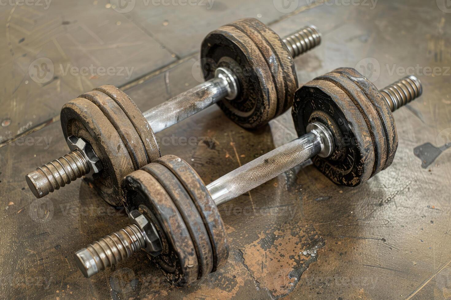 Two old dumbbells resting on dirty gym floor showing signs of wear and tear photo
