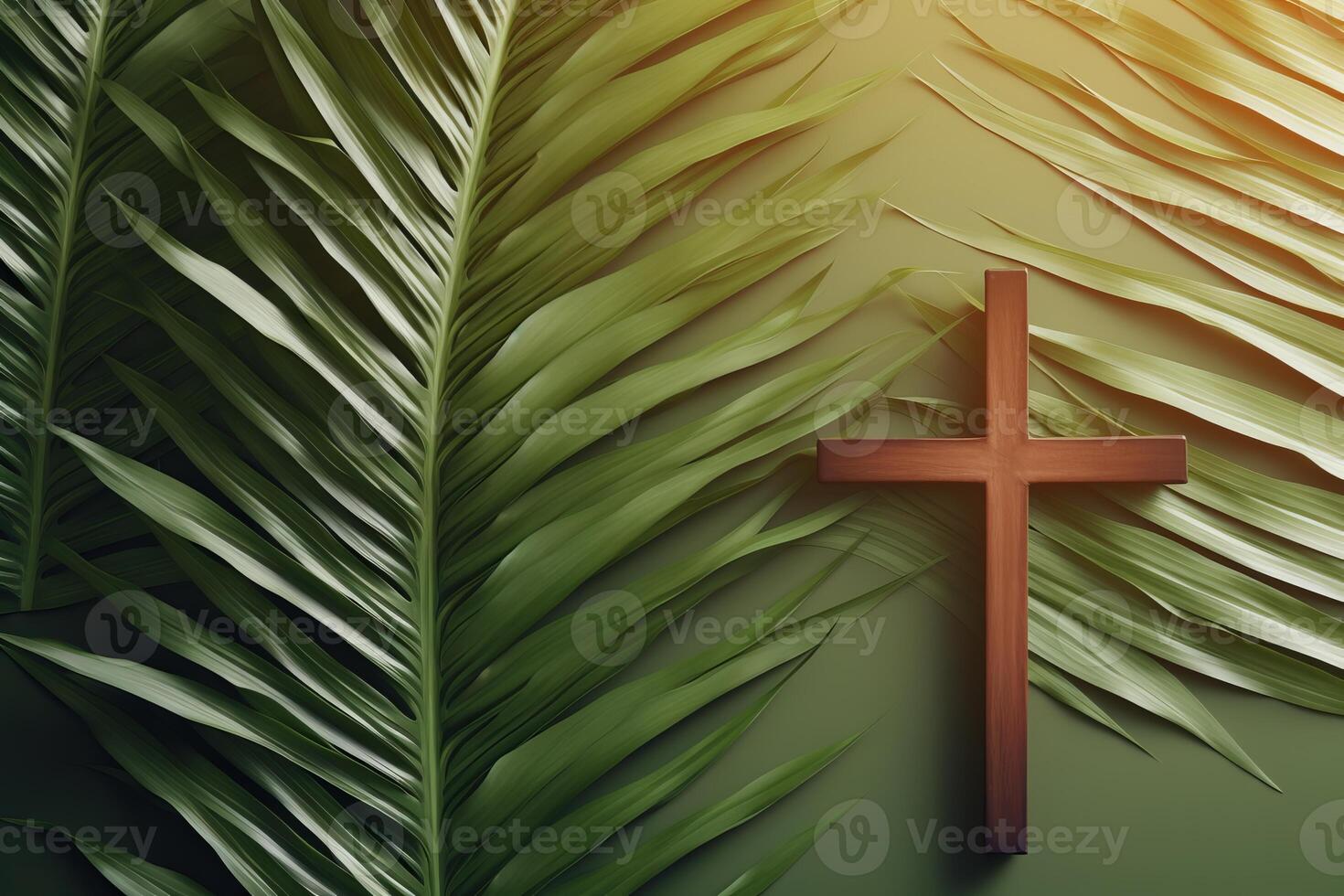 Christian cross resting on palm sunday leaves symbolizing faith and resurrection photo