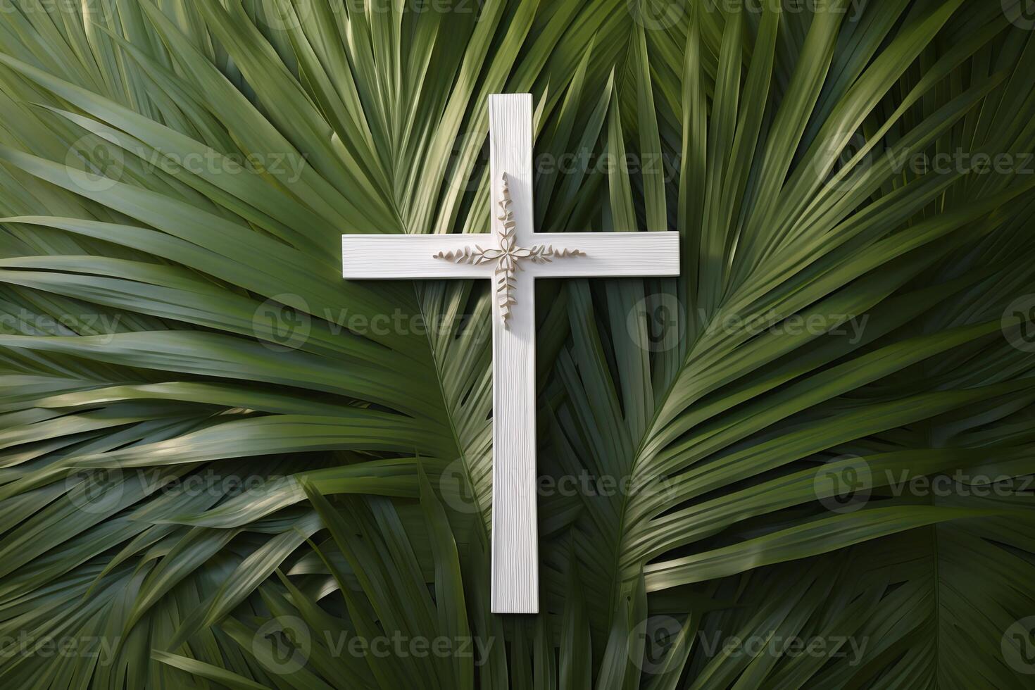 White wooden cross decorated with palm leaves symbolizing faith and christianity photo