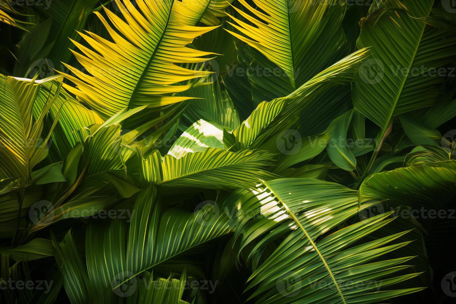 Lush green palm leaves creating a vibrant tropical backdrop photo
