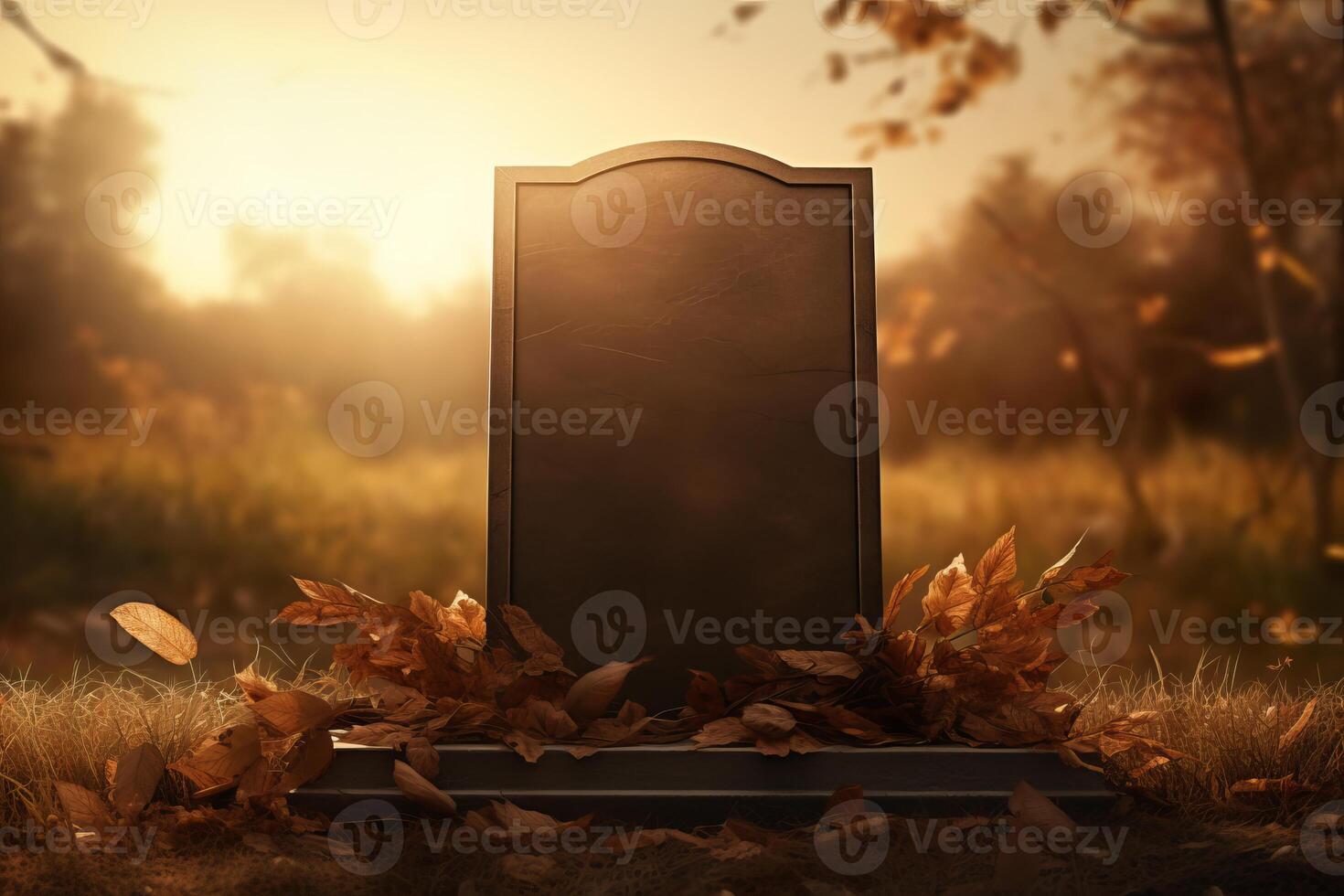 Blank tombstone with falling leaves in autumn cemetery at sunset photo