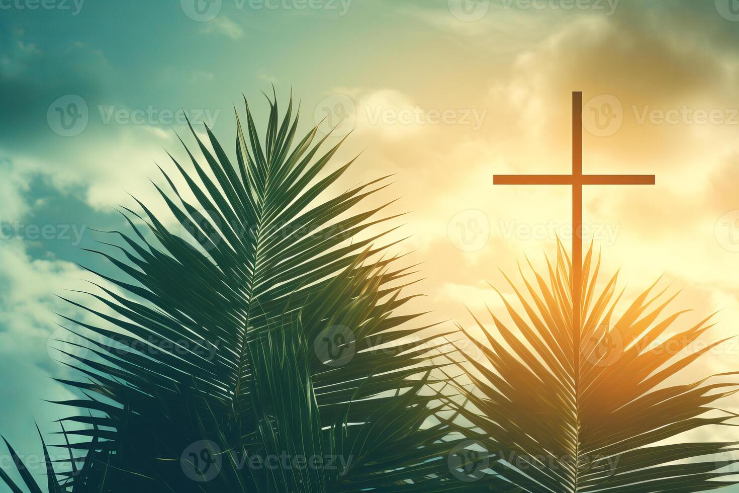 Palm sunday background with cross shining in cloudy sky photo