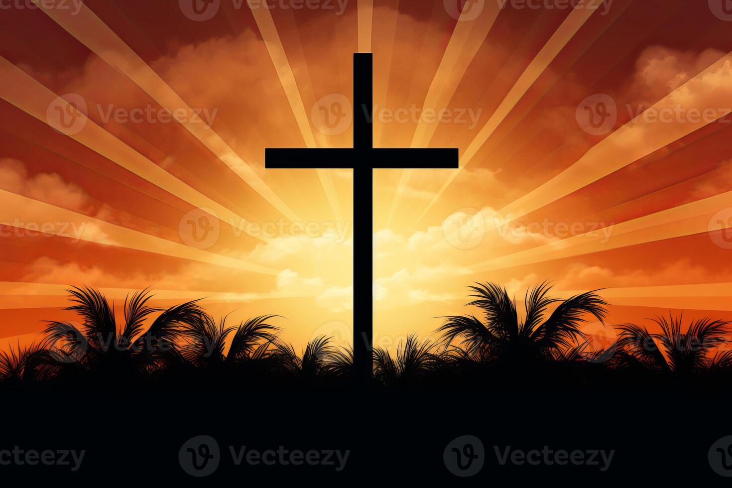 Christian cross standing at sunset with palm trees and orange sky photo