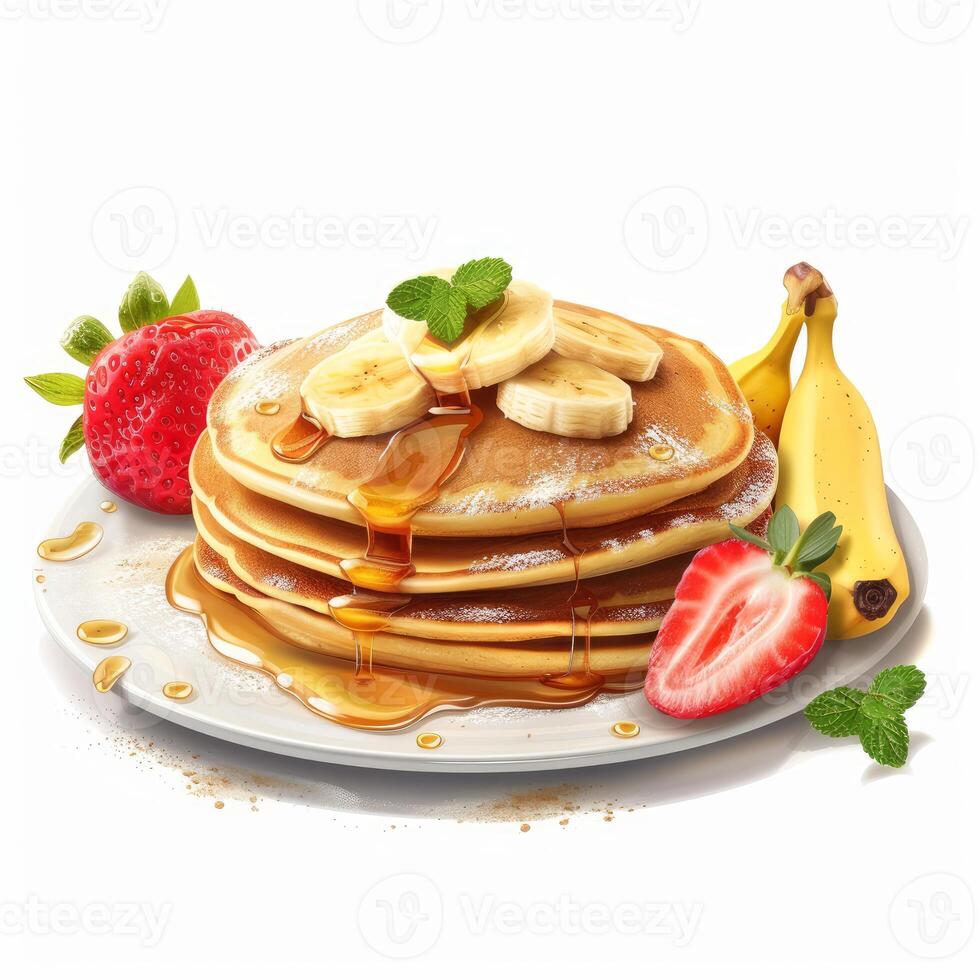 Stack of pancakes with syrup, banana, strawberry and mint on white background photo