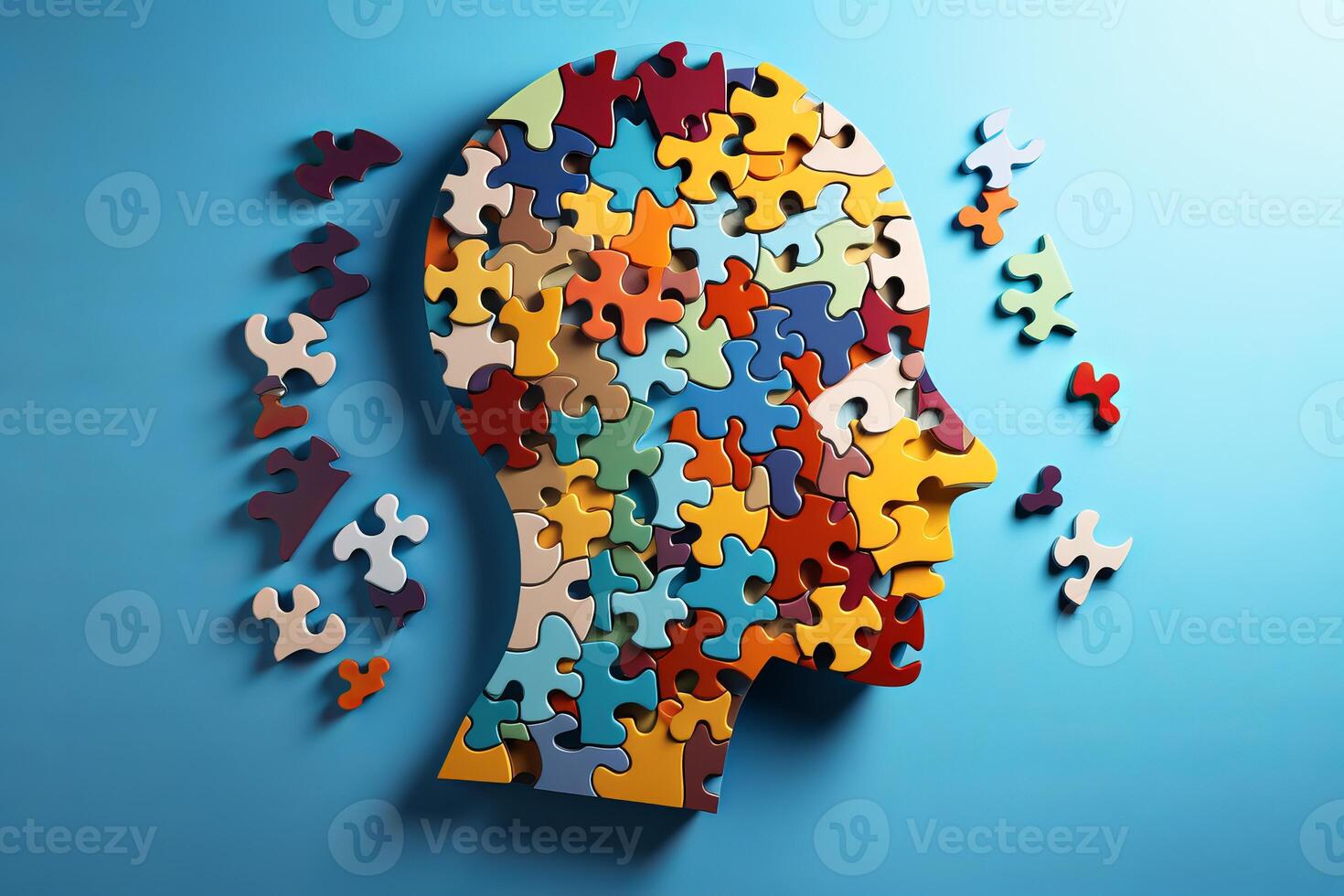 Human head shape formed by jigsaw puzzle pieces representing mental health and psychology photo