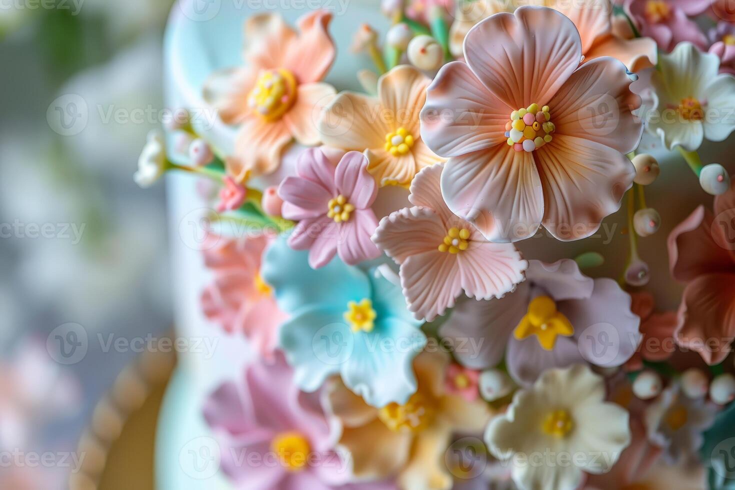 Delicious wedding cake decorated with beautiful pastel colored flowers photo