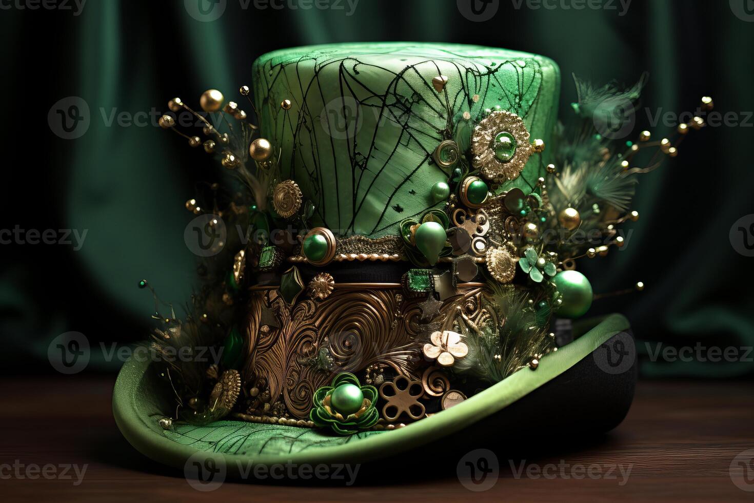Extraordinary green top hat decorated with gold and jewels sitting on wooden table photo