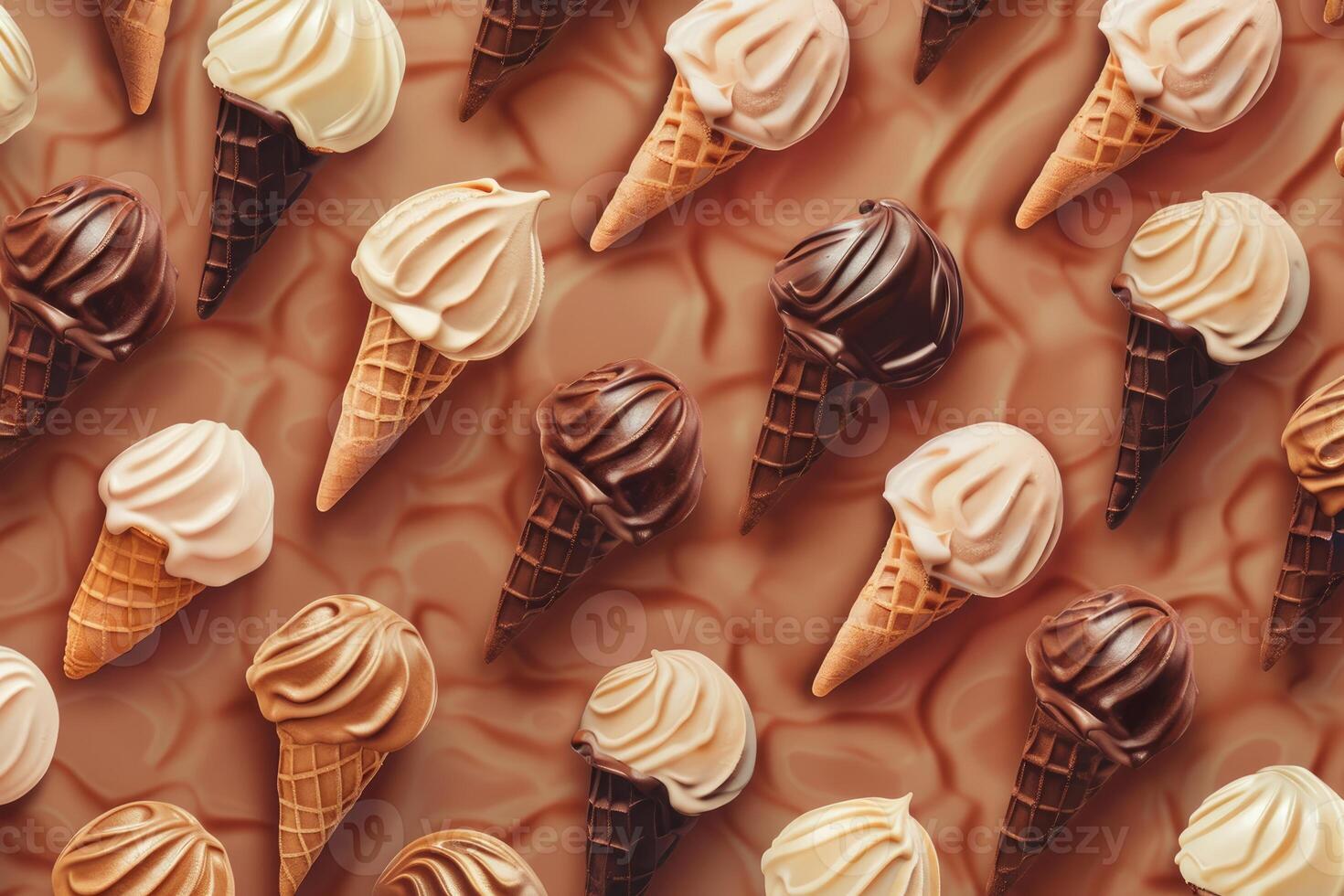Ice cream cones forming a pattern on chocolate background photo