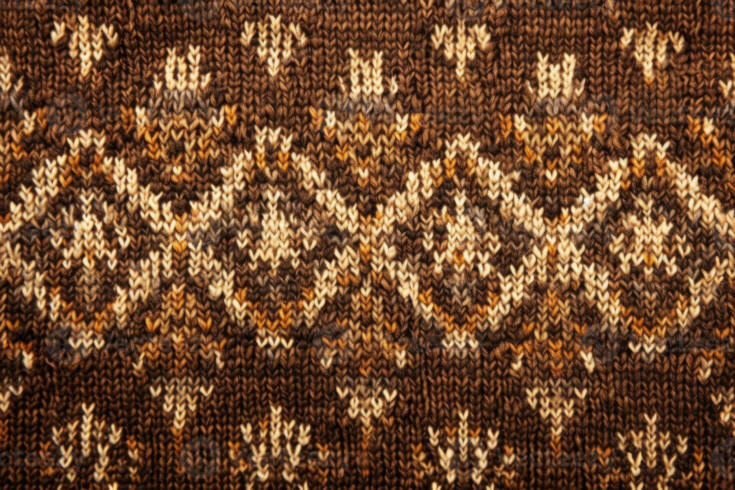 Knitted wool fabric texture showing intricate brown and beige pattern photo