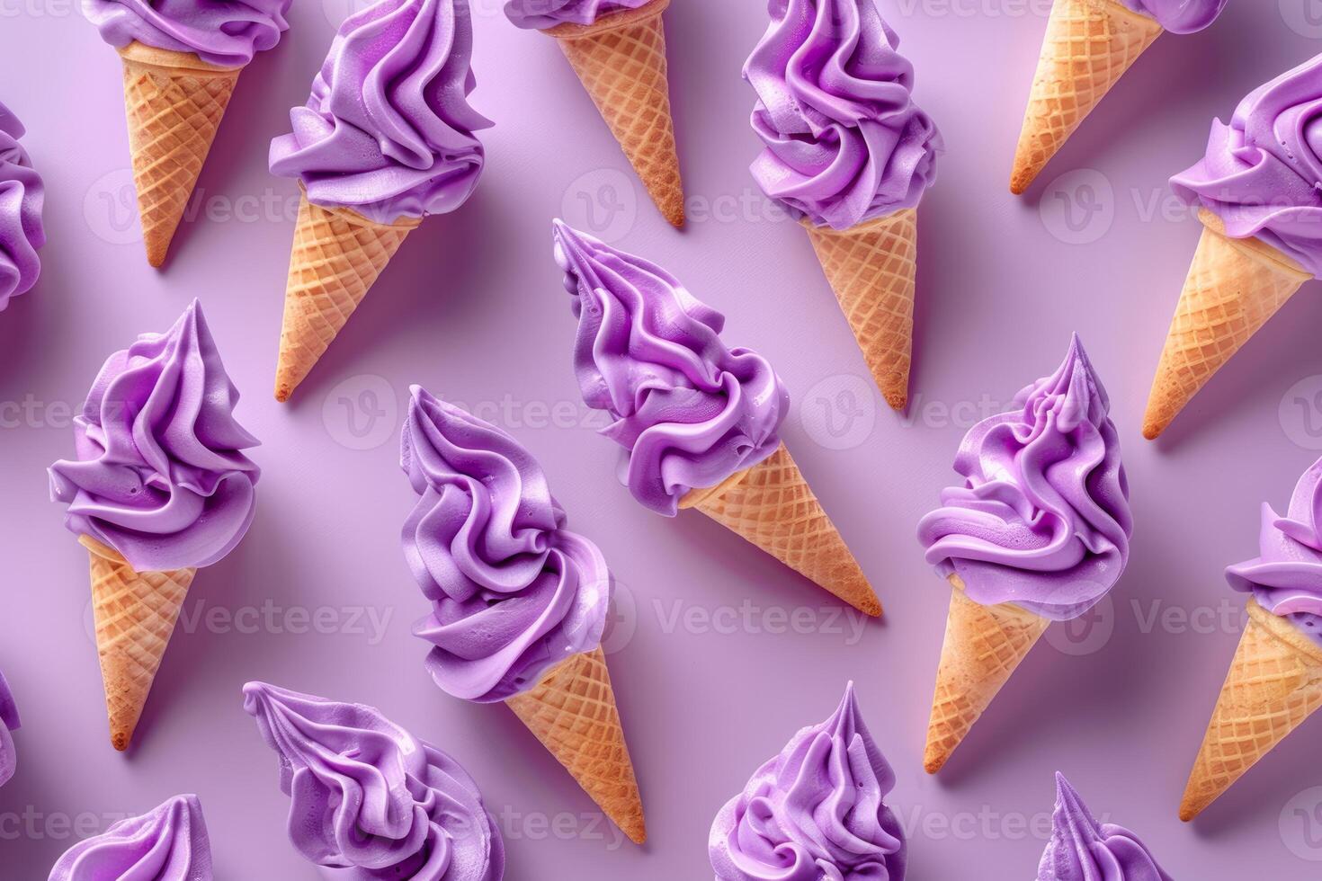 Pattern of purple soft serve ice cream cones lying on a pastel purple background photo