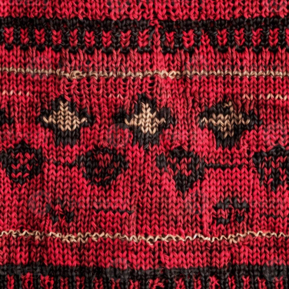 Red and black knitted wool fabric showing intricate design and texture photo