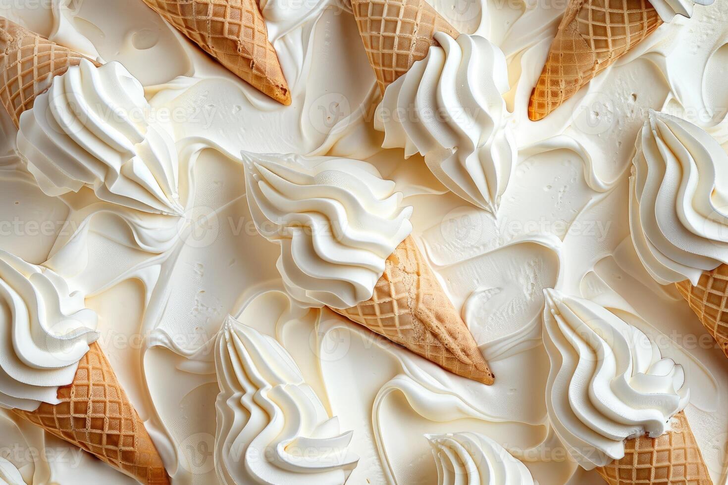 Delicious vanilla ice cream cones lying on a creamy surface photo