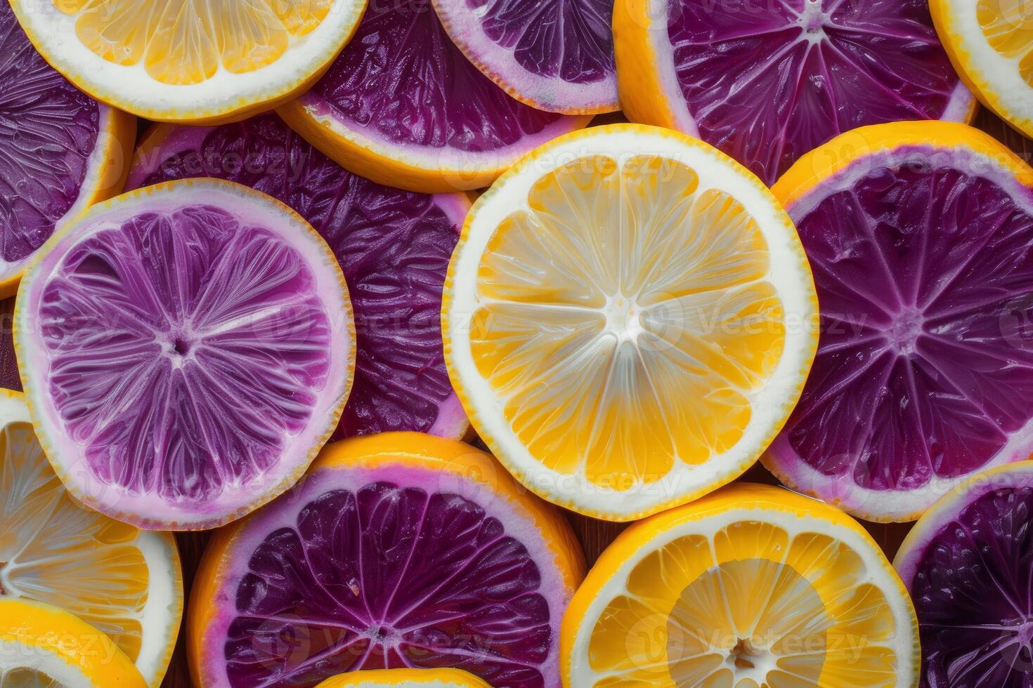 Sliced lemons showing vibrant yellow and purple colors creating stunning visual contrast photo