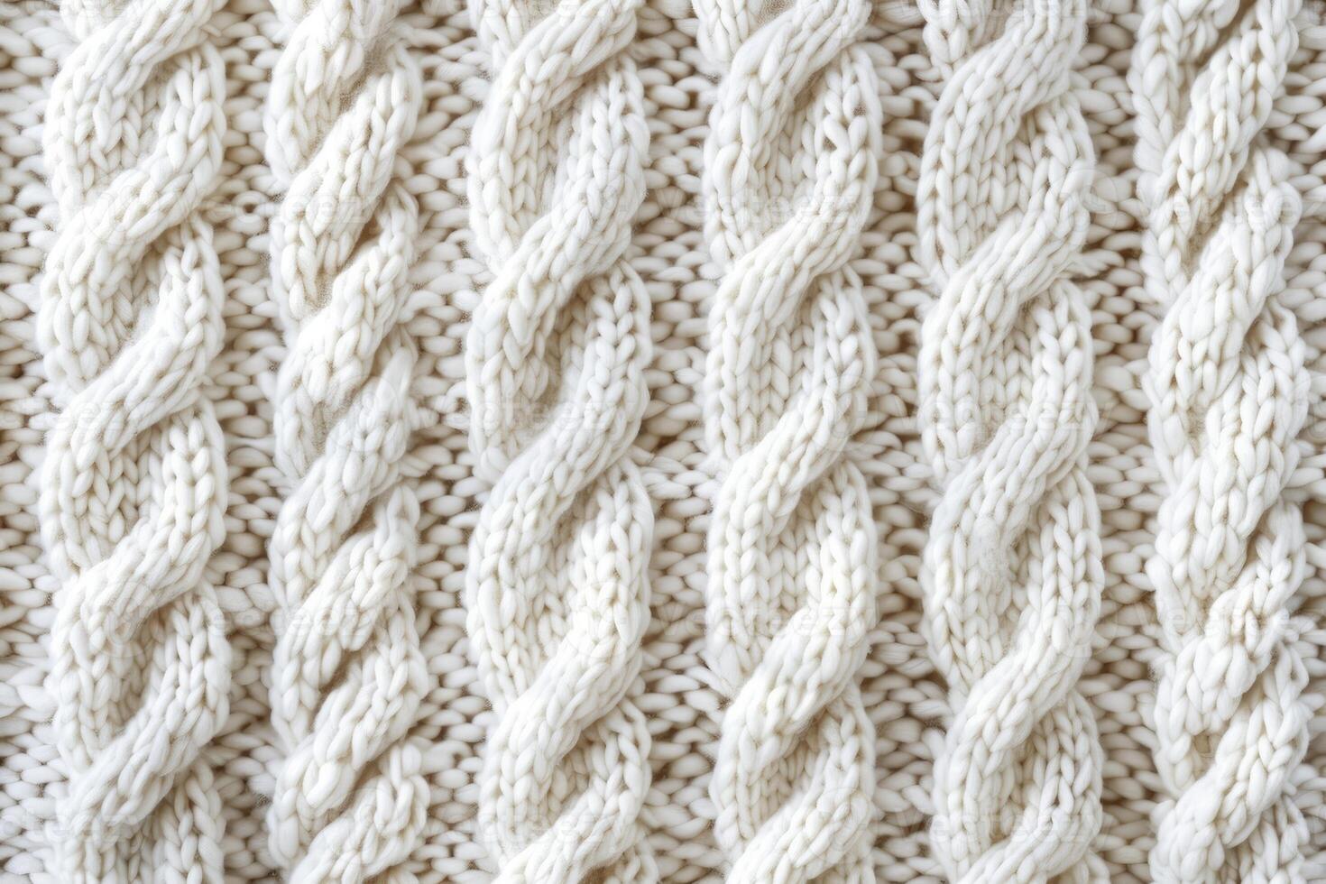 Cable knit white wool sweater texture creating repeating vertical braid pattern photo
