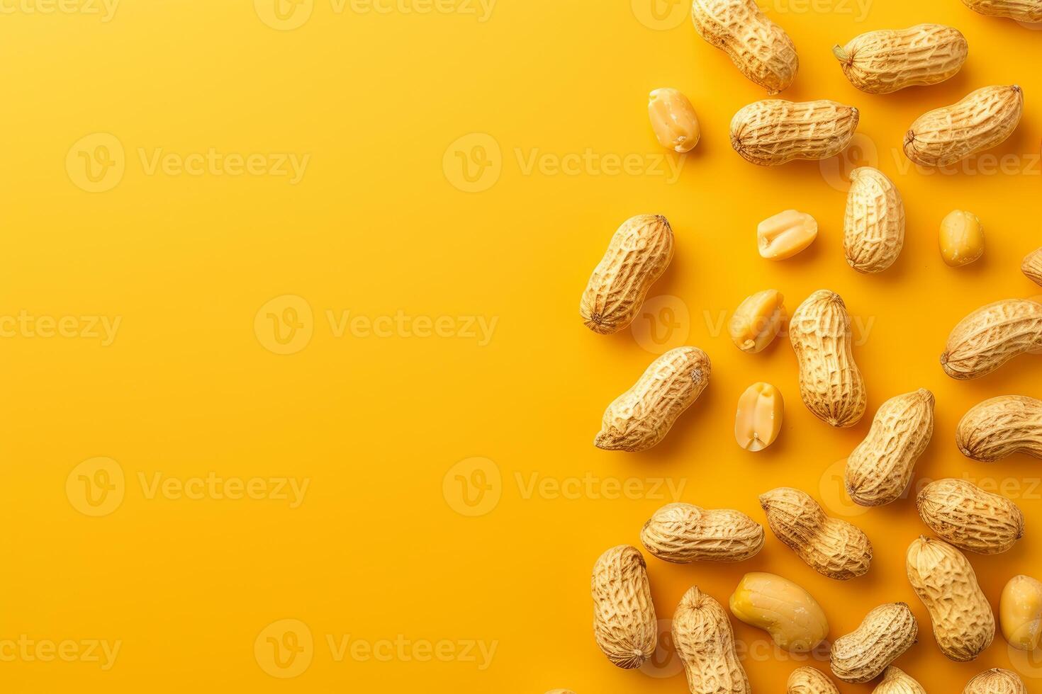 Peanuts in shell scattered on vibrant yellow background creating culinary delight photo