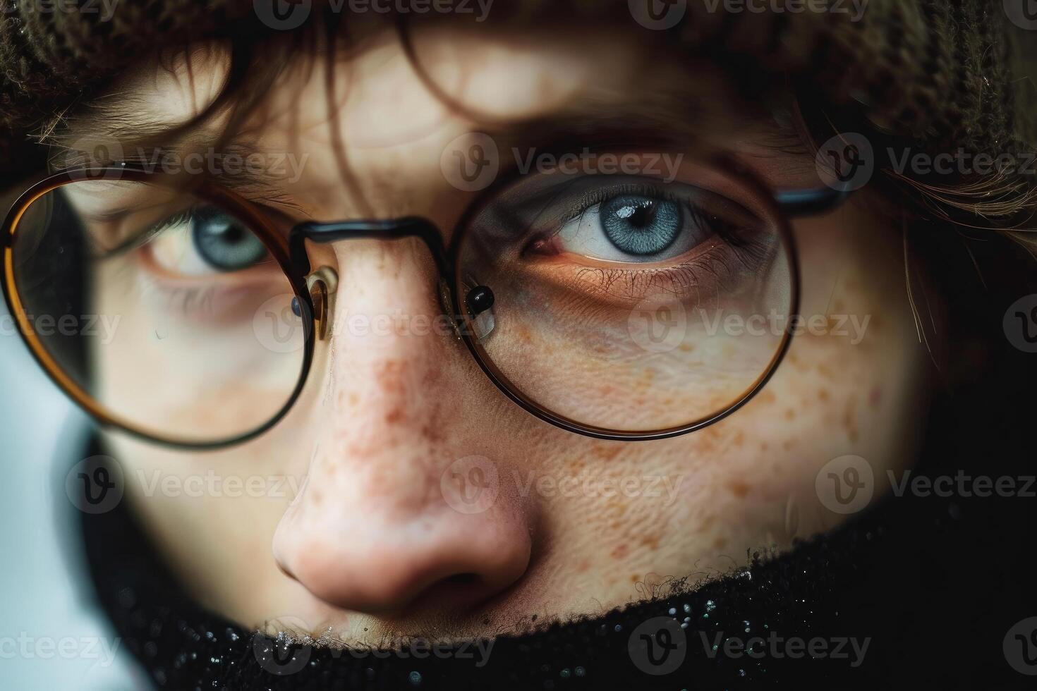 Young man with freckles wearing glasses and winter clothes staring seriously photo