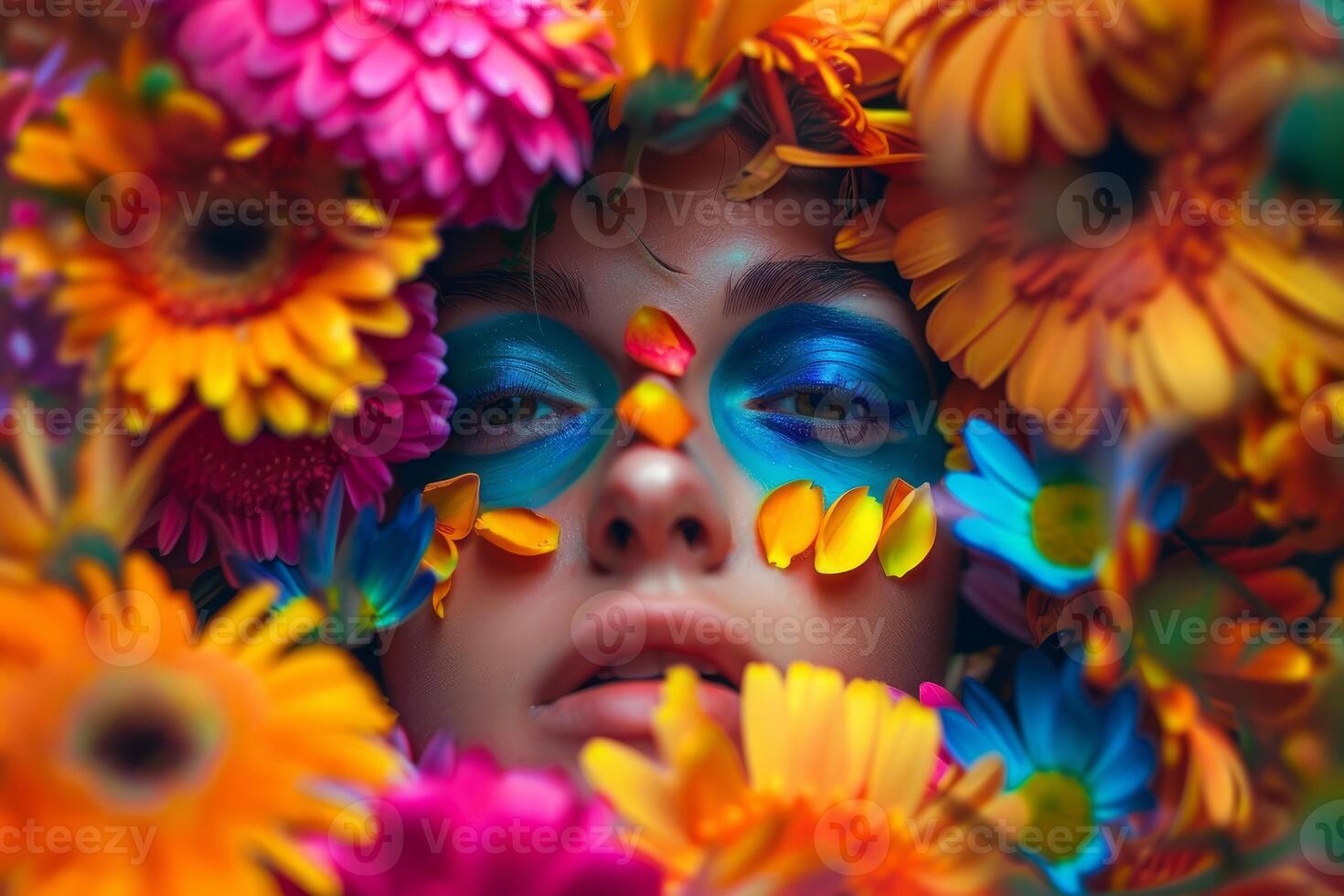Woman with artistic makeup posing with colorful flowers photo