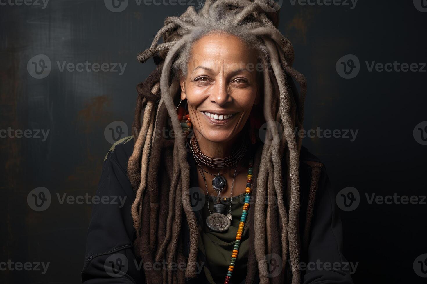 Smiling artist with dreadlocks and ethnic necklace posing in studio photo