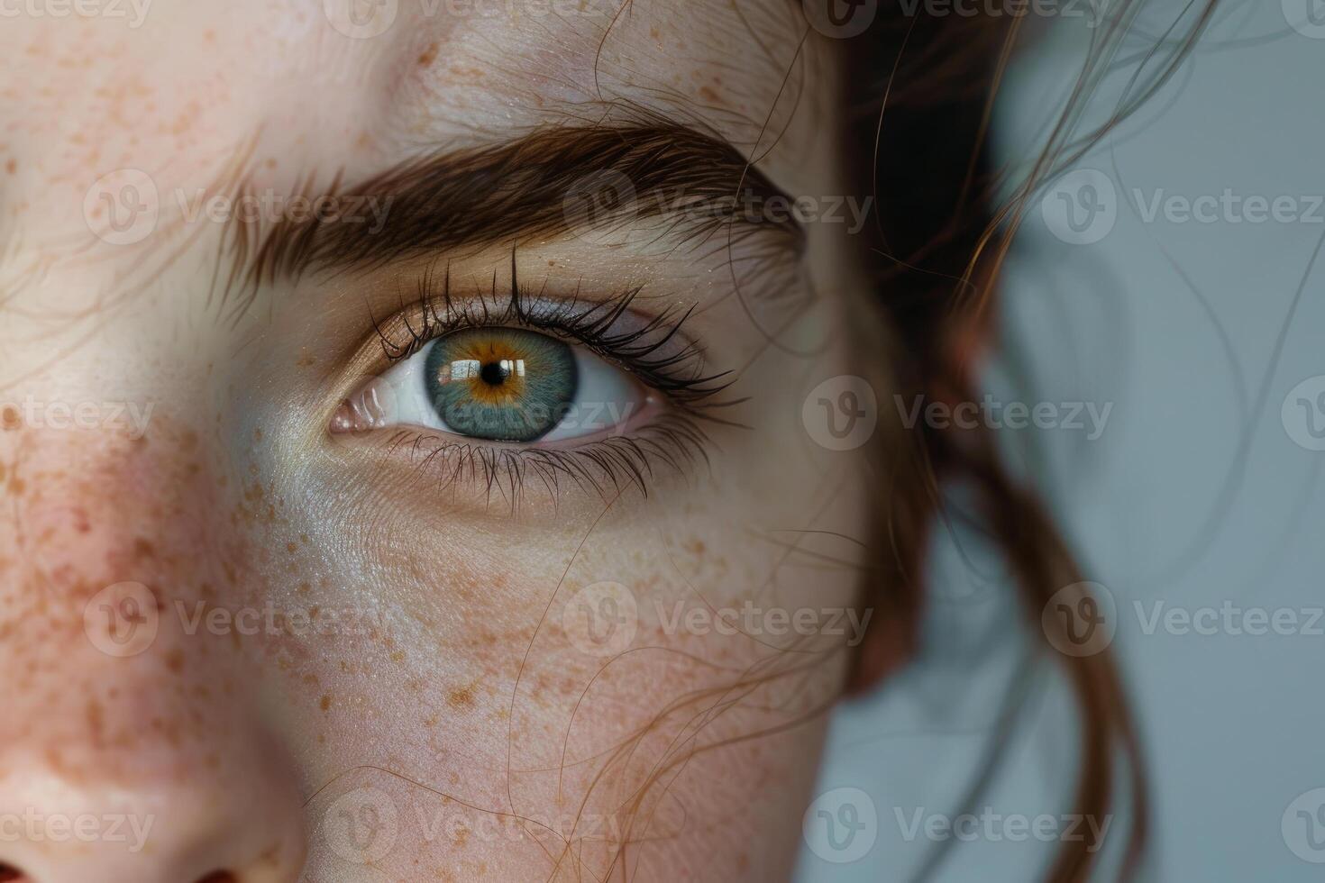 Woman showing beautiful green eye and freckles on face photo