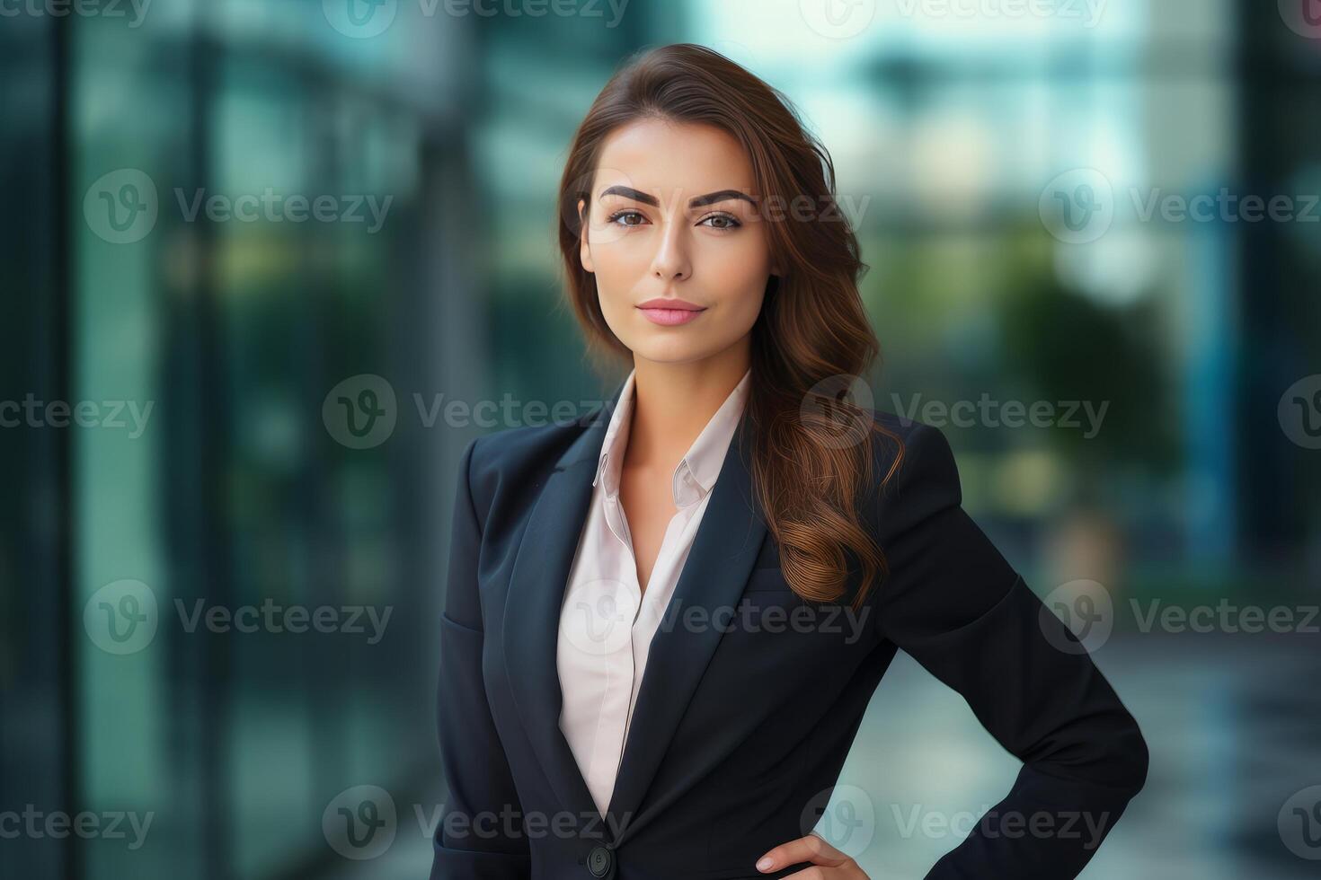 Confident businesswoman posing with hand on hip in front of office building photo