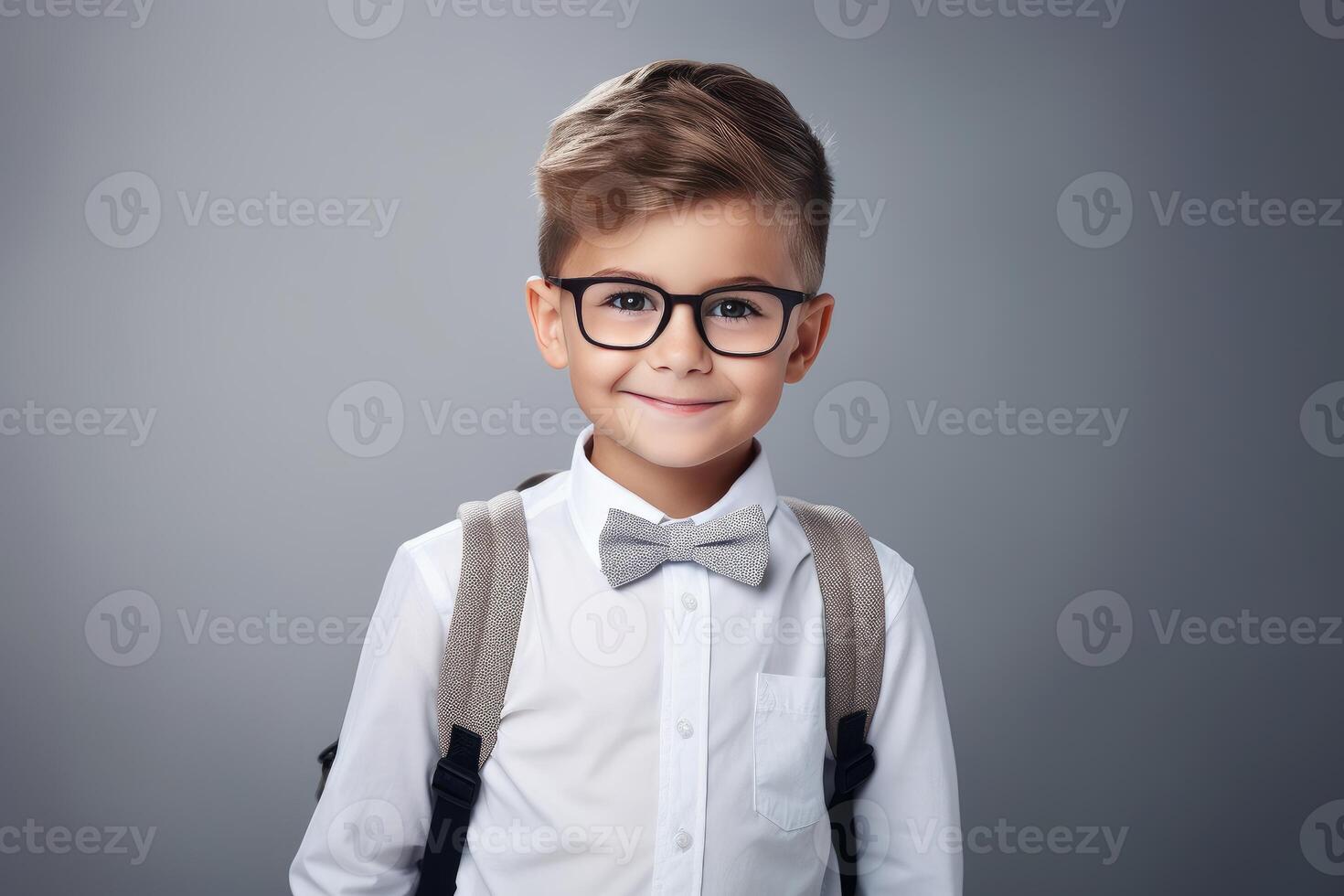 Smart young student smiling wearing eyeglasses and bow tie with backpack photo