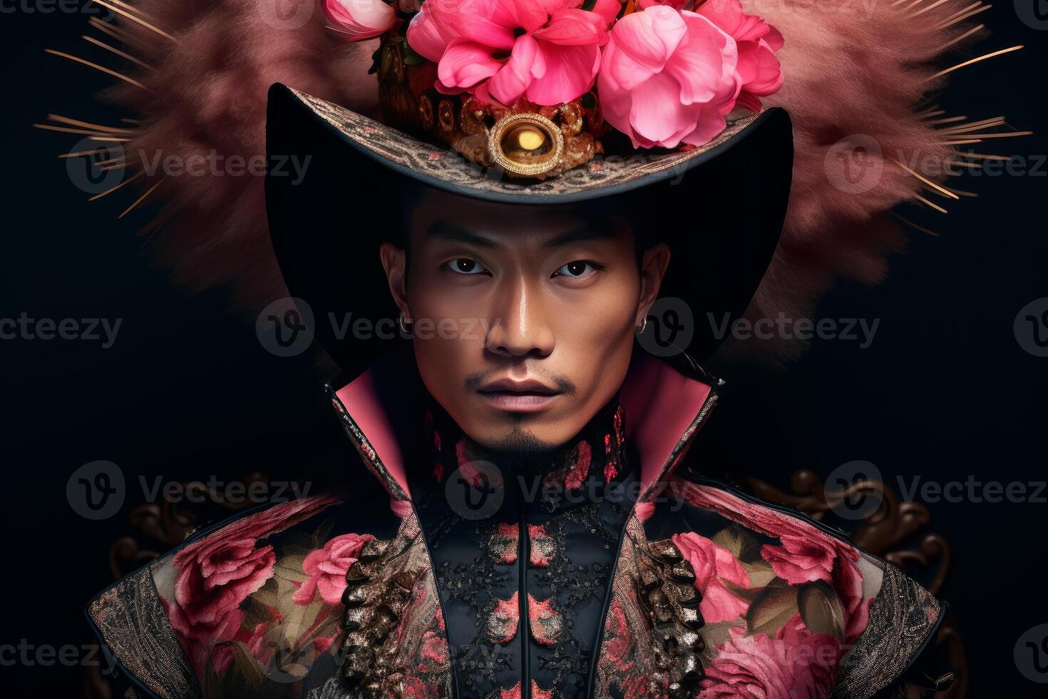 Fashion model wearing extravagant hat and floral outfit posing for a portrait photo