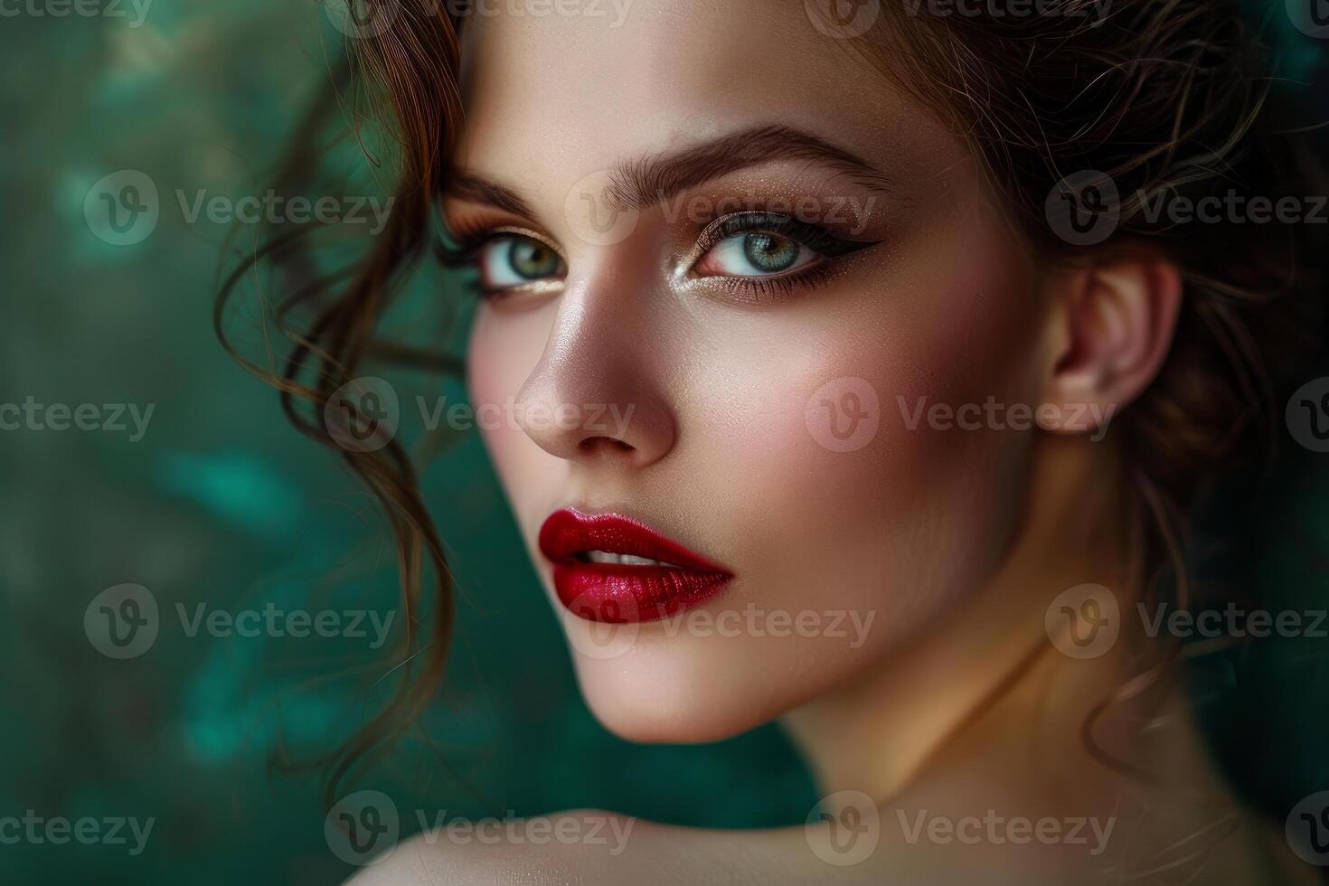 Fashion model showing red lipstick and elegant makeup photo