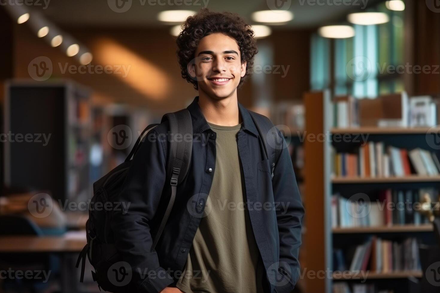 Smiling young college student posing in university library with backpack photo