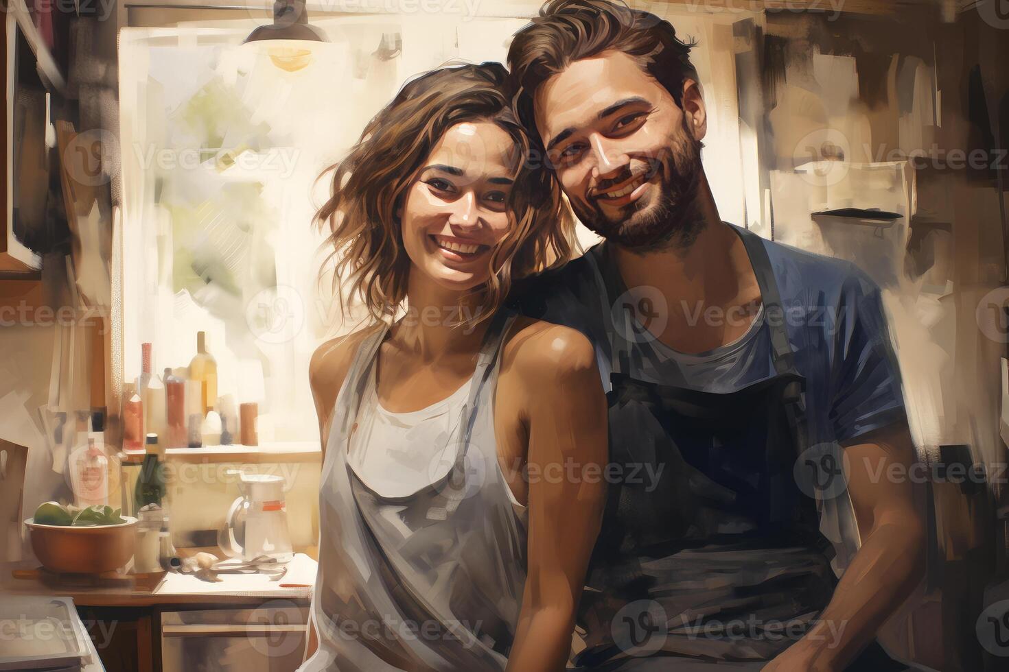 Happy couple smiling together in kitchen, wearing apron photo