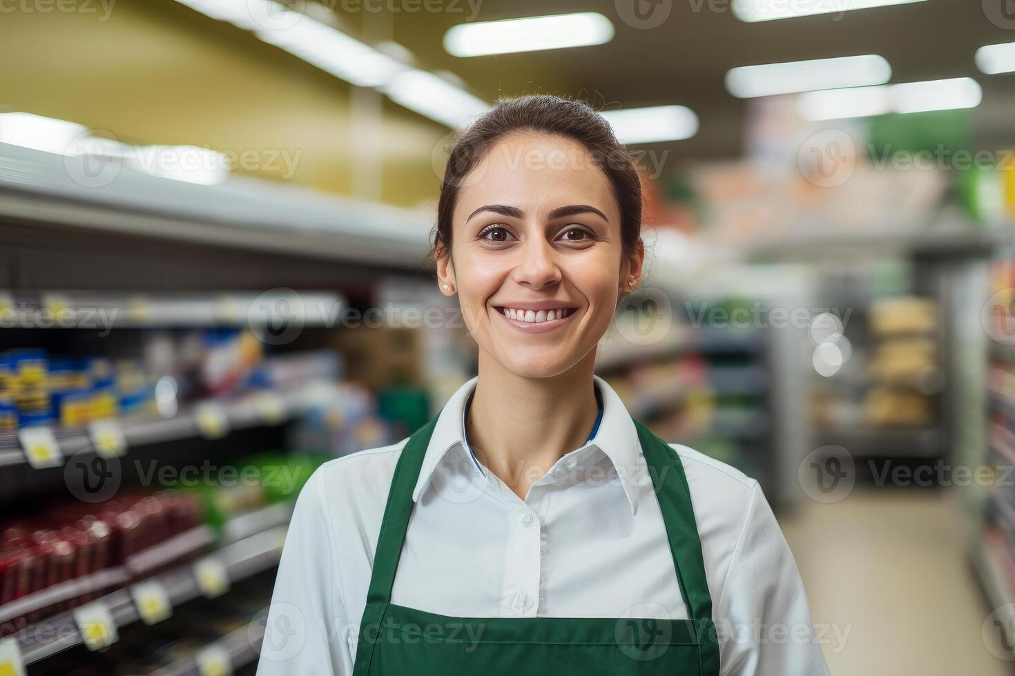 Smiling saleswoman wearing green apron working in supermarket retail store photo