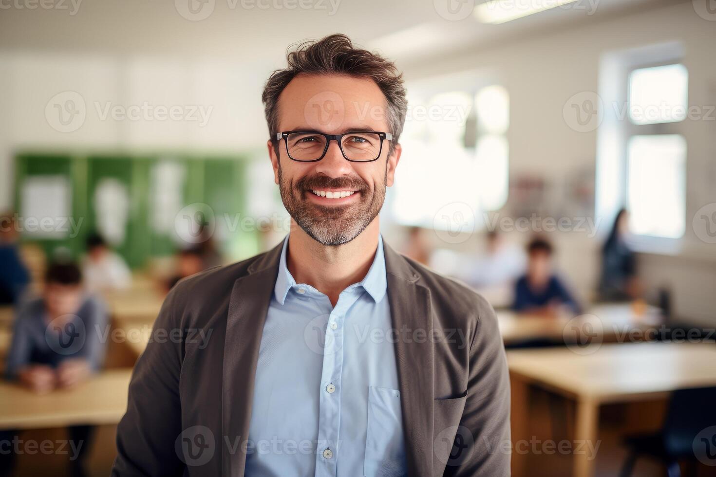 Portrait of smiling teacher wearing glasses in classroom with students studying photo
