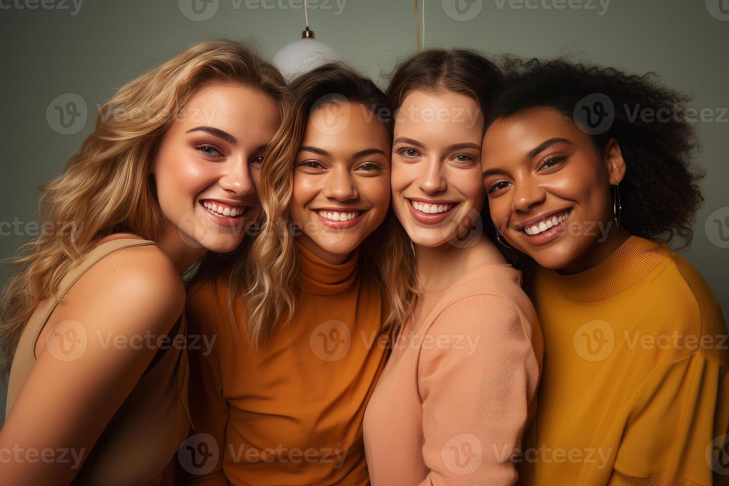 Four beautiful smiling multi ethnic models posing together photo