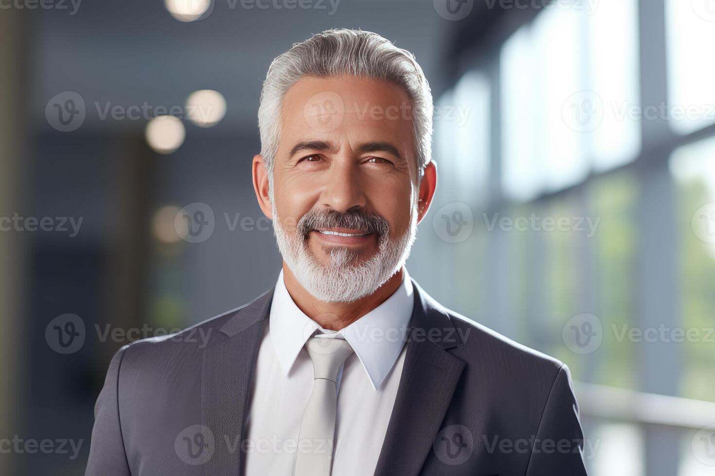 Portrait of smiling senior businessman wearing suit and tie in office building photo