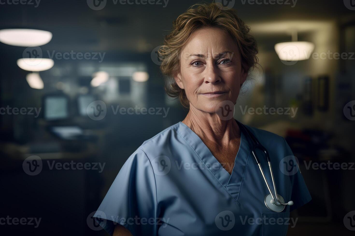 Portrait of senior female doctor wearing scrubs and stethoscope in hospital setting photo