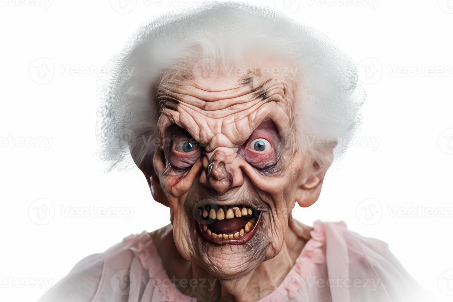 Scary old woman making a terrifying face with wide eyes and open mouth photo