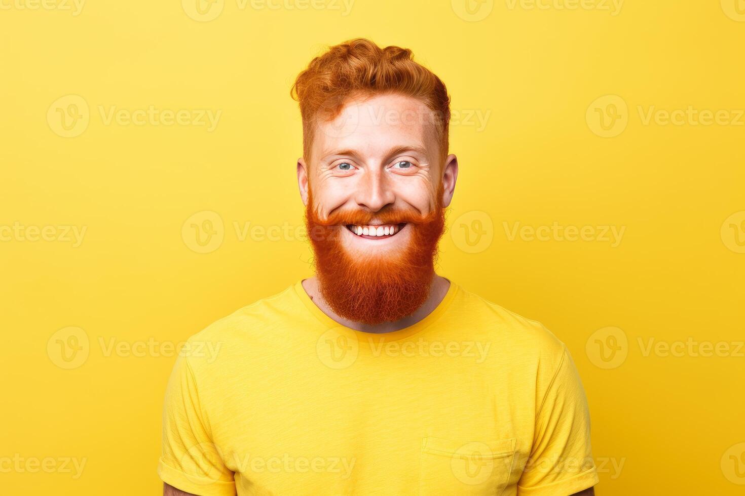 Portrait of smiling bearded ginger man wearing yellow t shirt on yellow background photo
