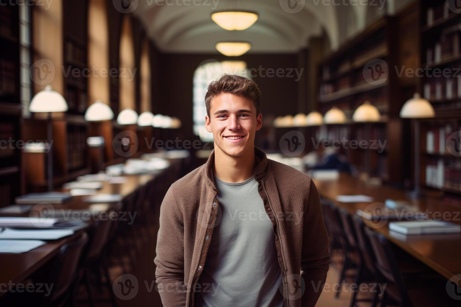 Young student smiling in university library with bookshelves and tables photo