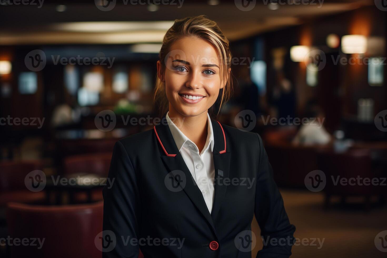 Smiling hotel receptionist woman wearing uniform in lobby photo