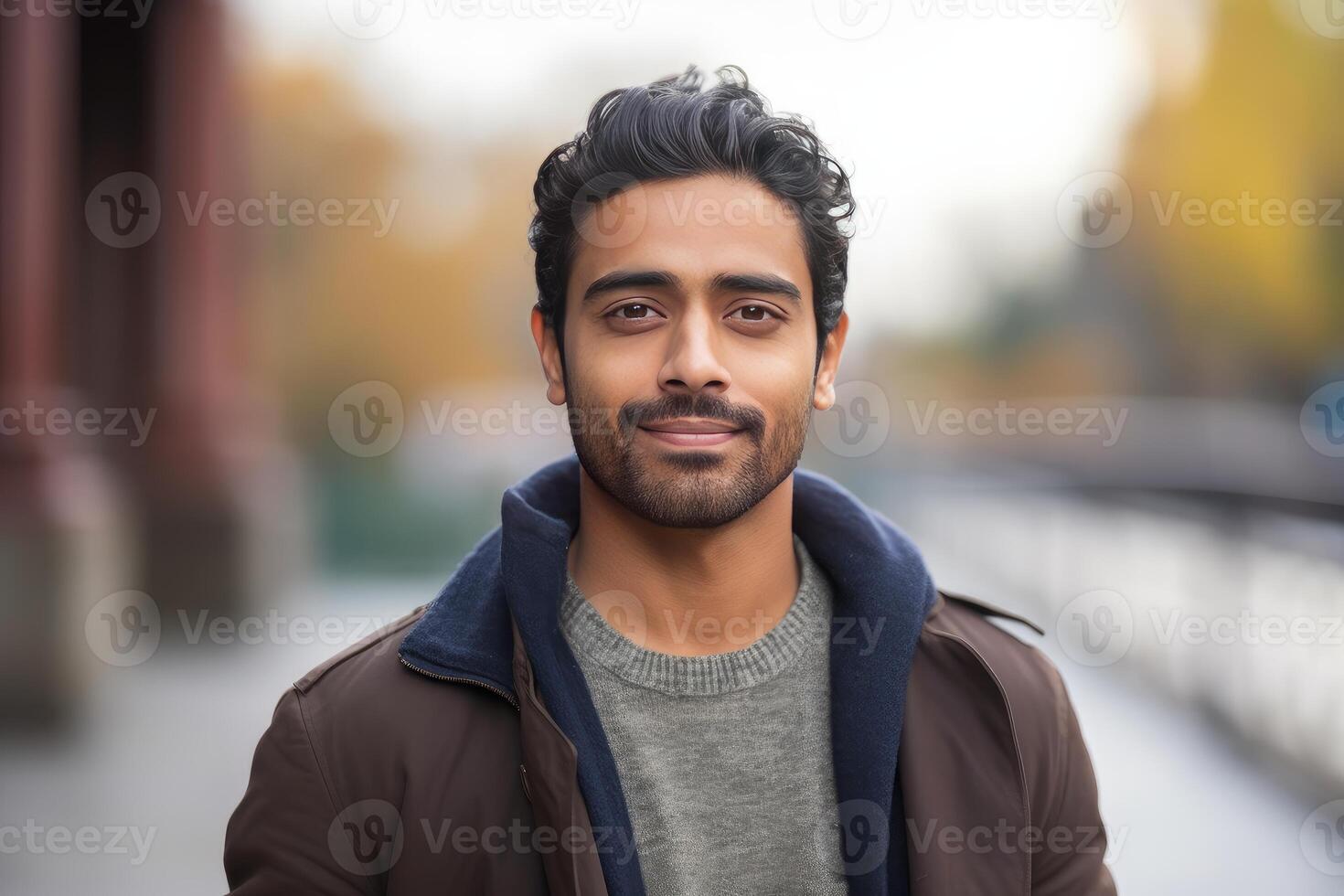 Confident young man smiling in urban autumnal setting photo