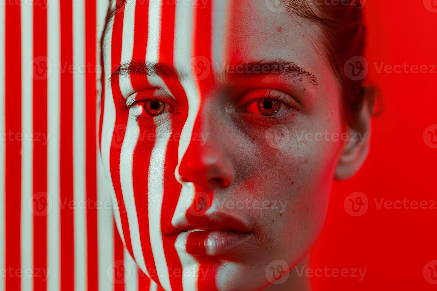 Woman with red and white stripes projected on face posing on red background photo