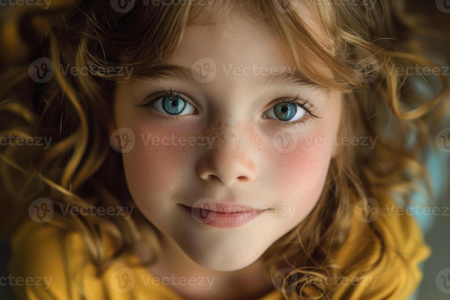 Portrait of smiling child with freckles and blue eyes photo