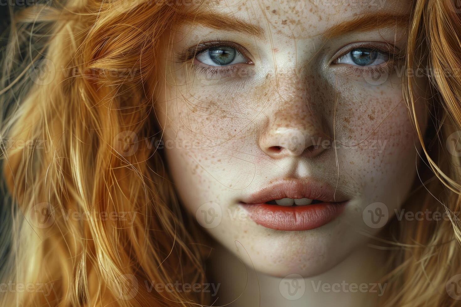 Portrait of young freckled redhead model with blue eyes showing natural beauty photo