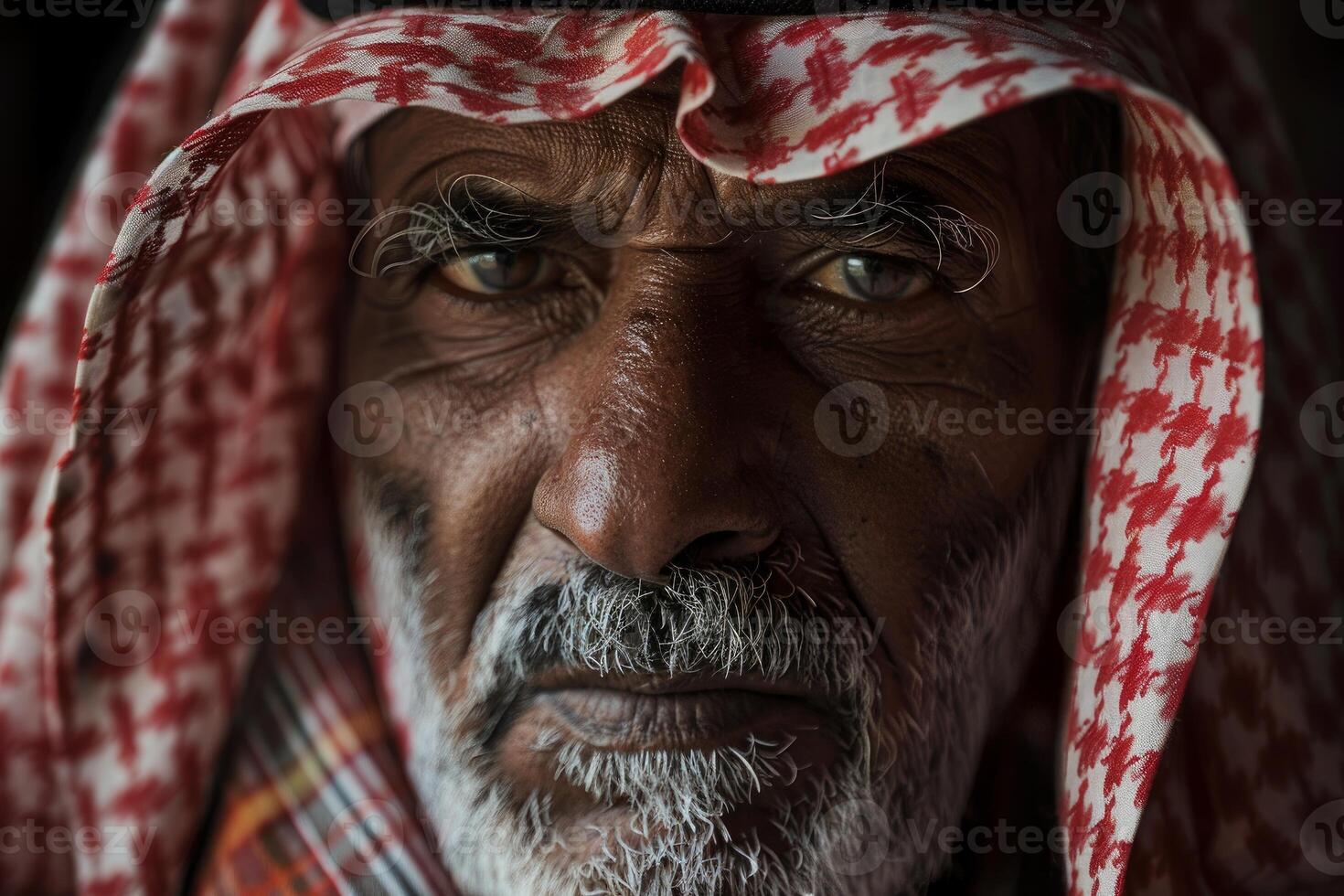 Portrait of senior middle eastern man wearing traditional keffiyeh headscarf photo