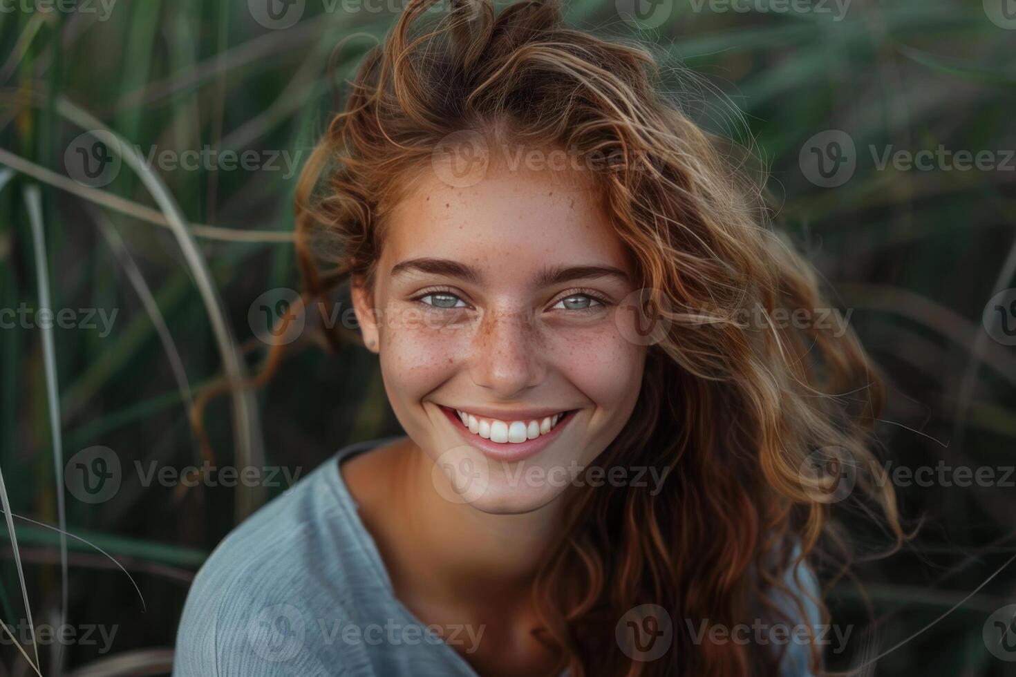 Portrait of smiling teen girl with freckles showing her perfect teeth photo