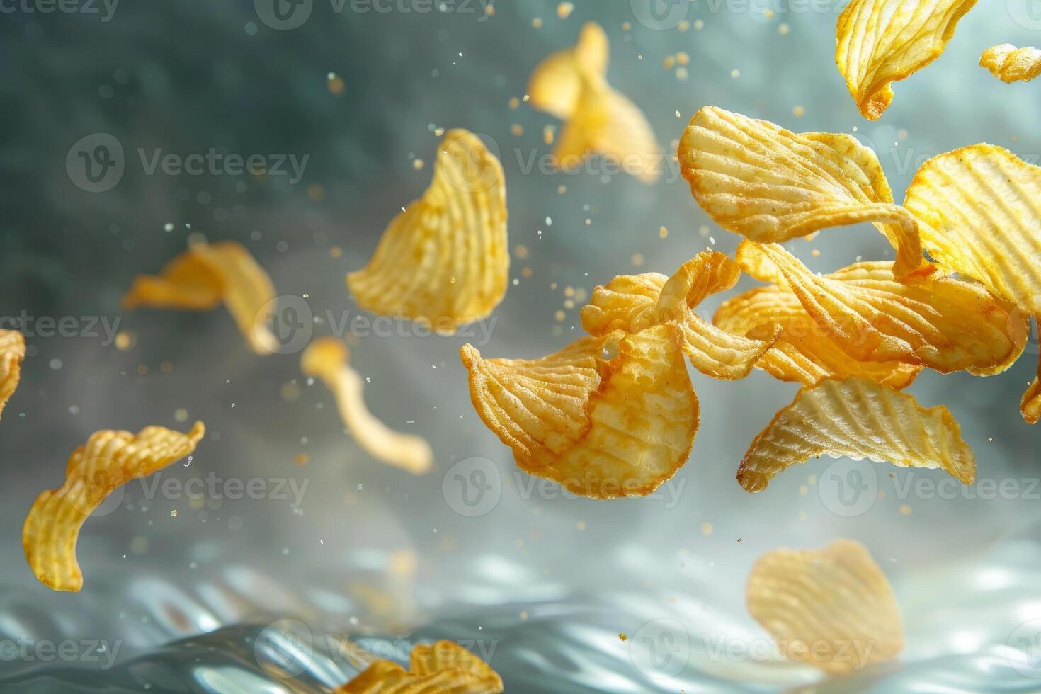 Crispy potato chips falling and splashing into water, creating a delicious snack sensation photo