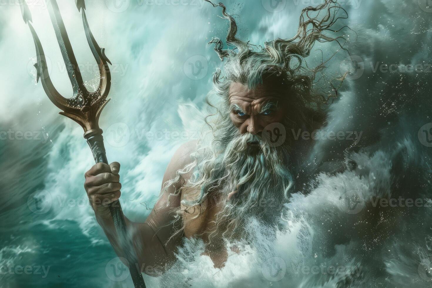 Poseidon, god of the sea, emerging from the waves, holding his trident photo