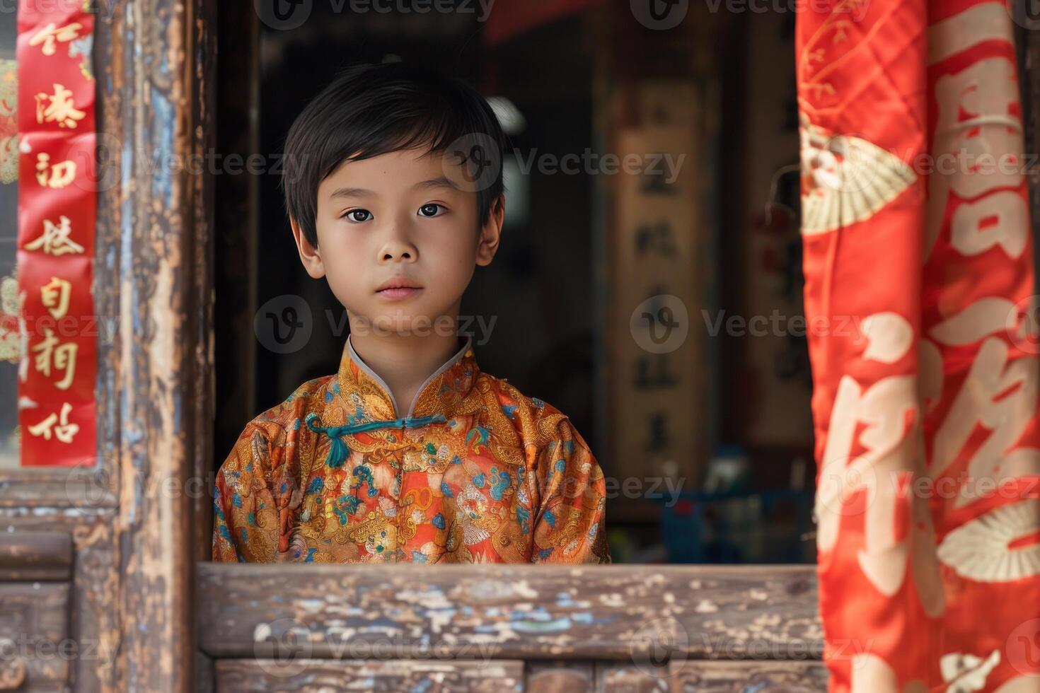 Young boy wearing traditional chinese clothing standing by a window photo